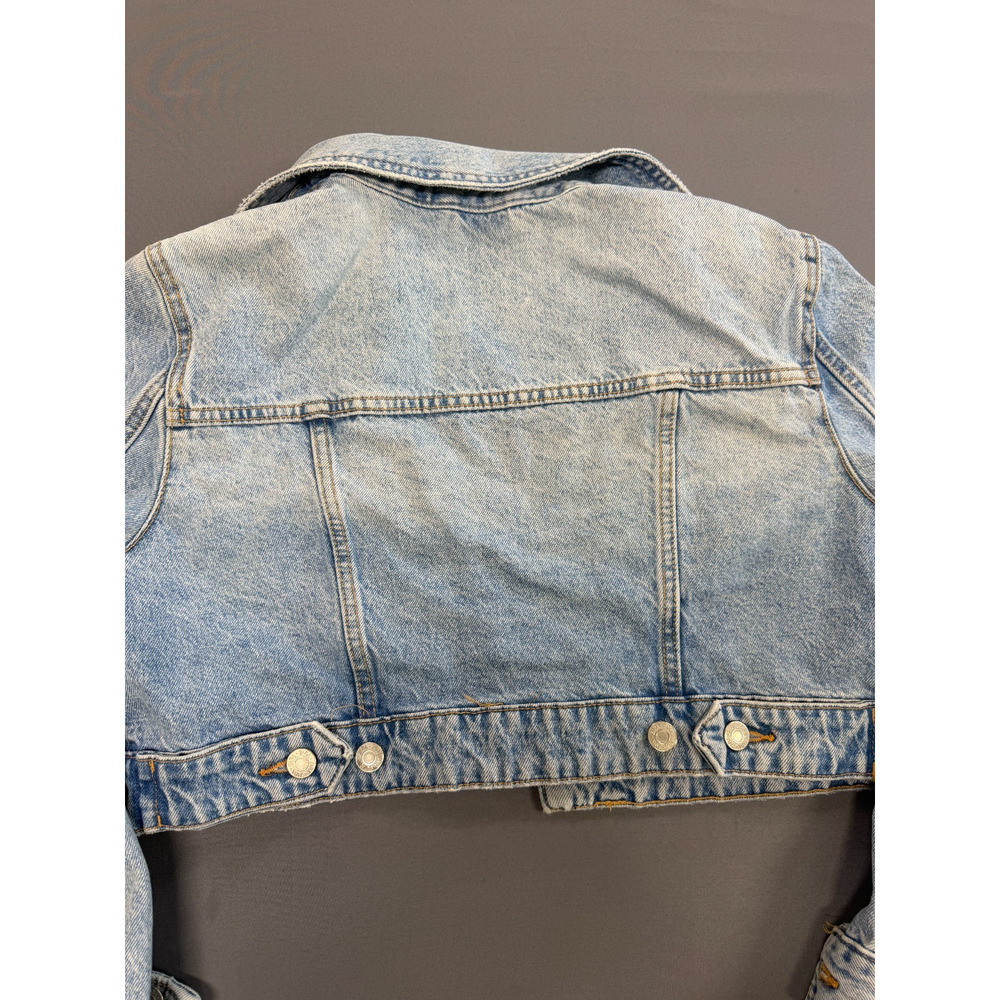 ZARA Women's Medium Cropped Denim Jacket Light Wash Blue Distressed Jean Jacket - Picture 6 of 7